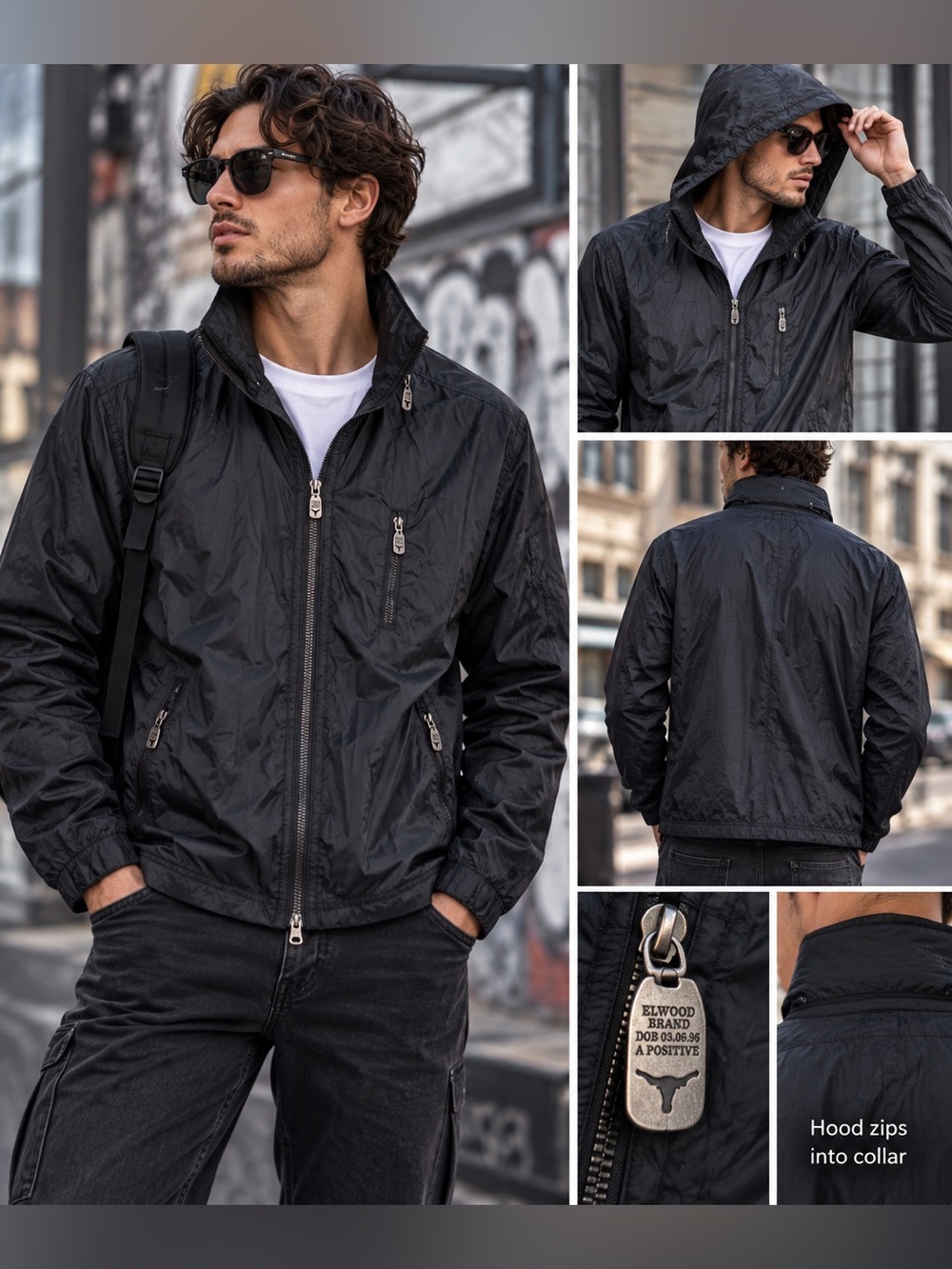 Elwood Rough & Rugged Black Packable Hood Windbreaker Jacket Size Small